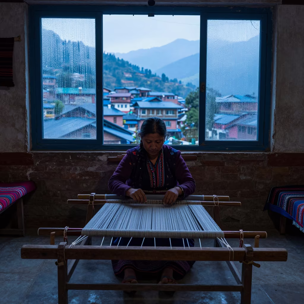 Weaver at Backstrap Loom in Pokhara Dawn Light in in a market hall in Pokhara