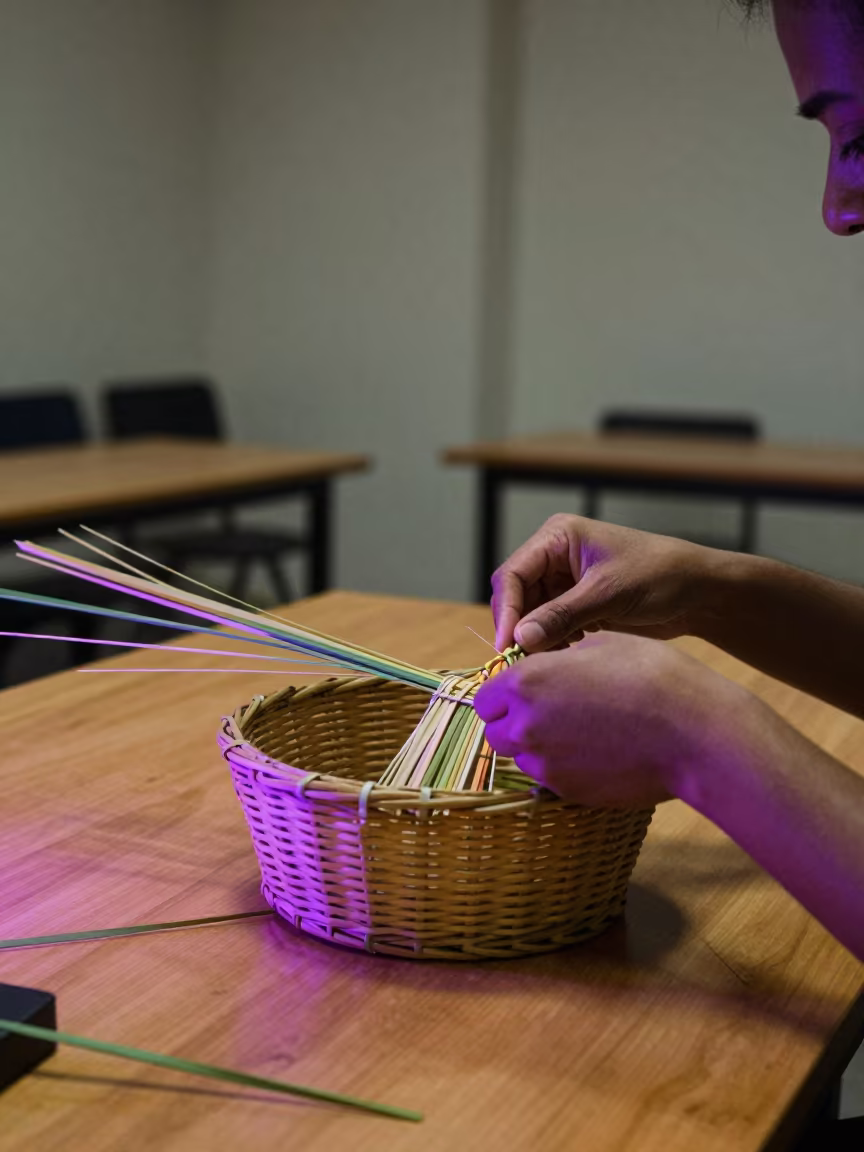 Weaver Demonstrating Basketry in Neon Lit Rehearsal Room in in a rehearsal room in Obninsk