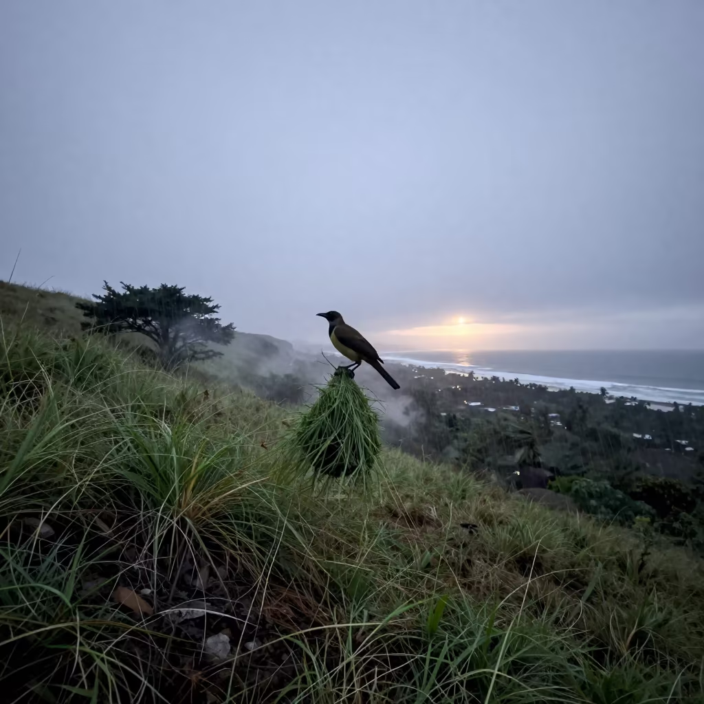 Weaver Bird Nest Building on Wind-Scoured Ridge in on a wind-scoured ridge near Douala