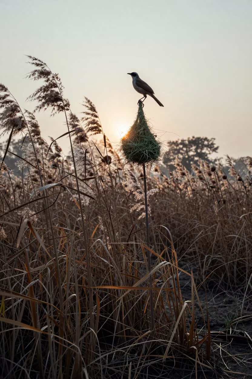 Weaver Bird Nesting in Dawn Reed Bed Lahore in at the edge of a reed bed near Lahore