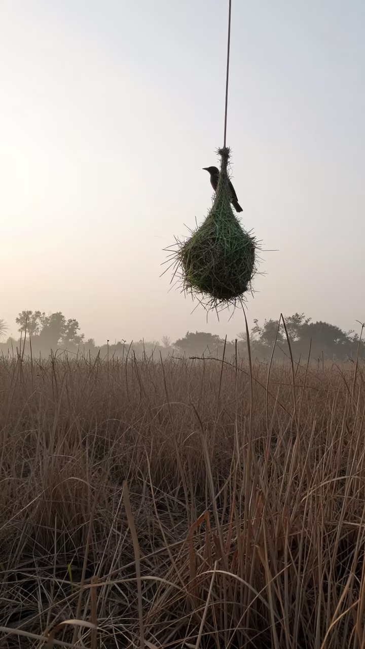 Weaver Bird Nesting in Spring Mist in near Shibin Al Kawm