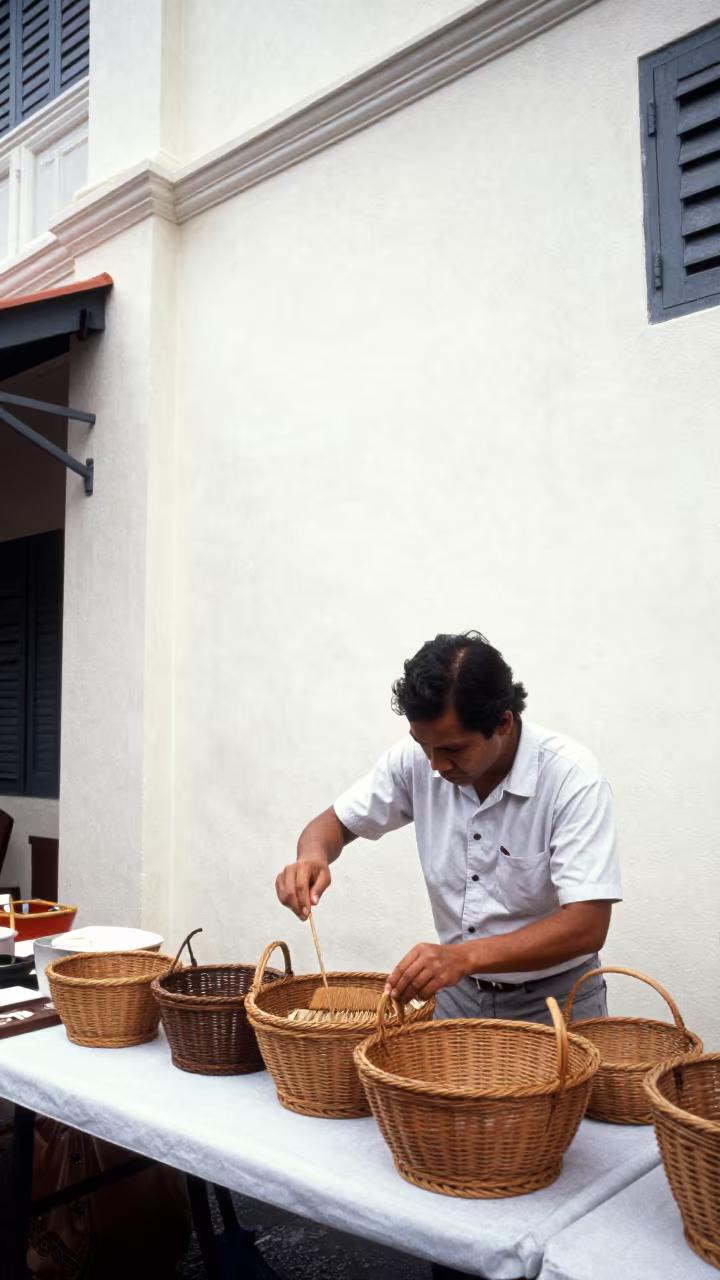 Weaver Demonstrating Technique at Market Table in in a foundry in Kampong Glam, Singapore