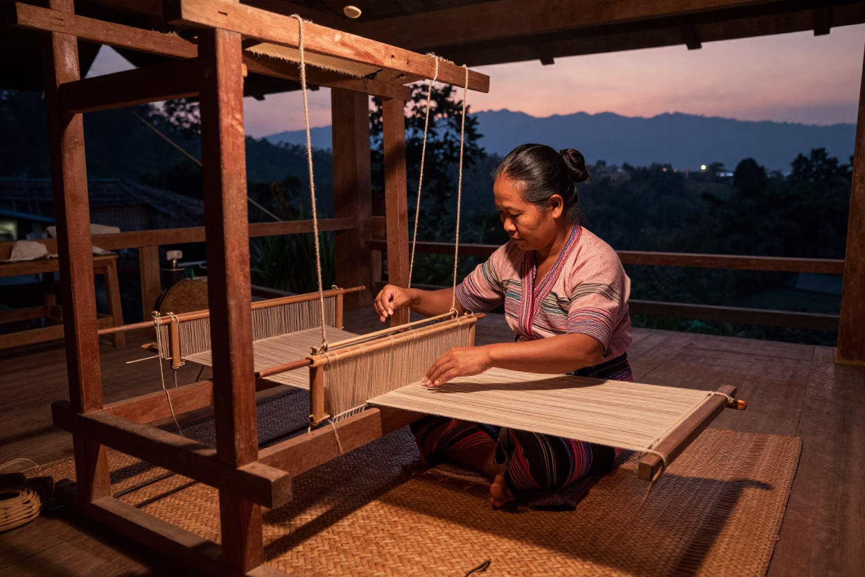 Weaver in Chiang Mai at Copper-toned Light Before Dusk in in Chiang Mai, Thailand