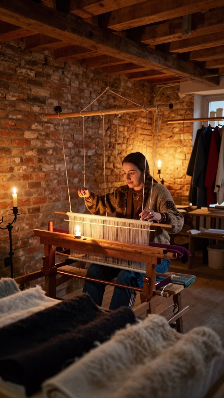 Weaver at Loom in Almaty Winter Loft in in a warehouse loft in Almaty