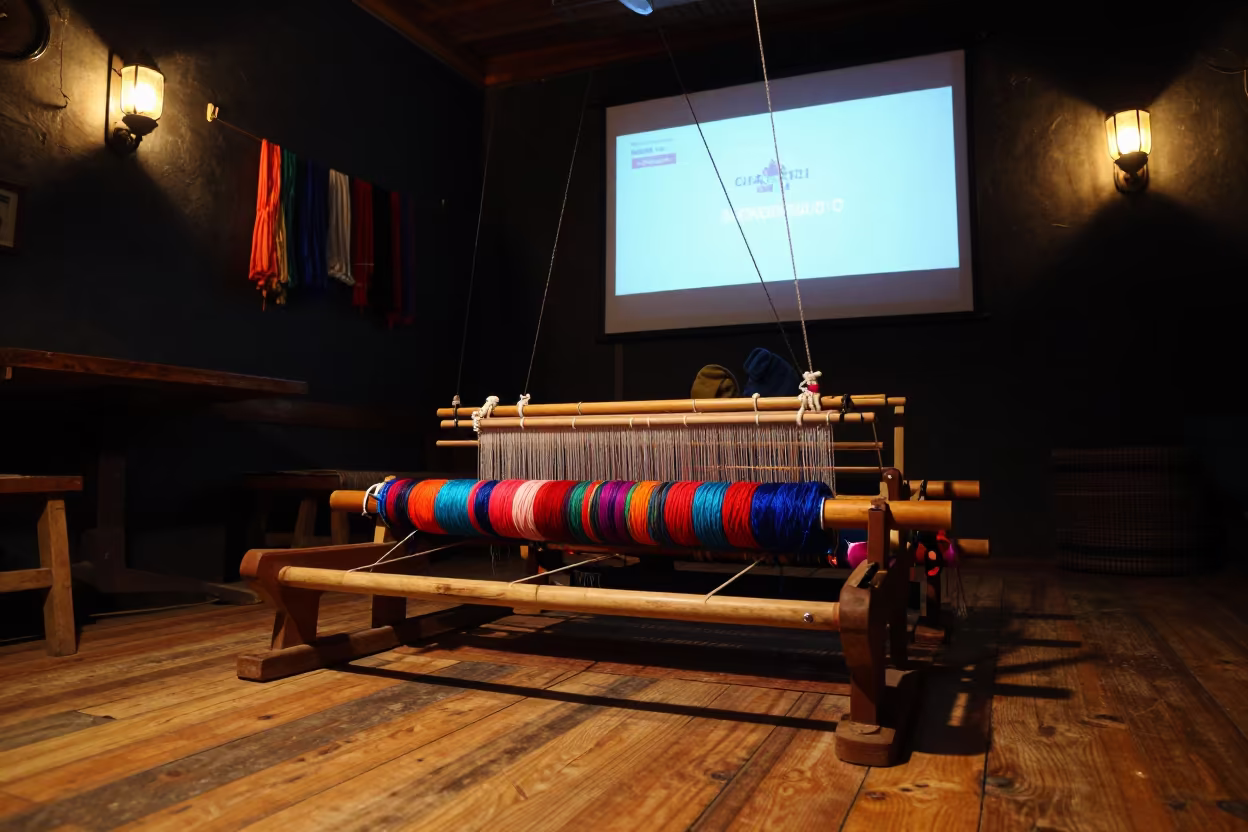 Weaver at Night Loom in Pokhara Cafe in in a cafe in Pokhara