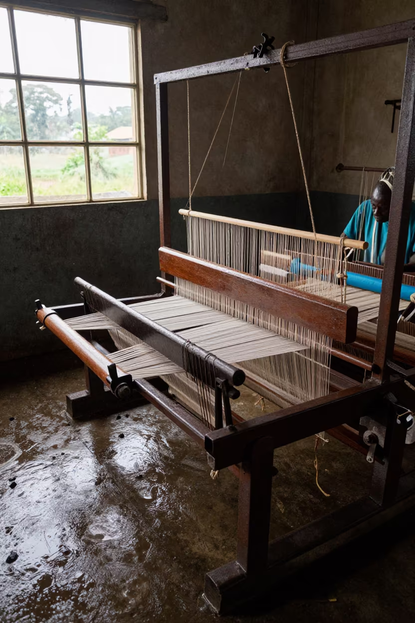 Weaver Passing Shuttle on Floor Loom in Kigoma Foundry in in a foundry in Kigoma