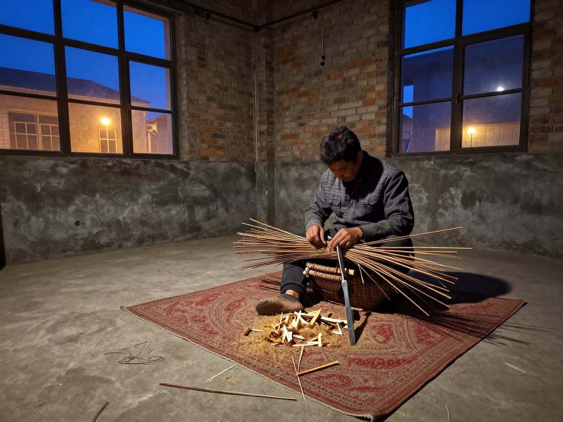 Weaver Splits Willow in Xining Loft at Dusk in in a warehouse loft in Xining