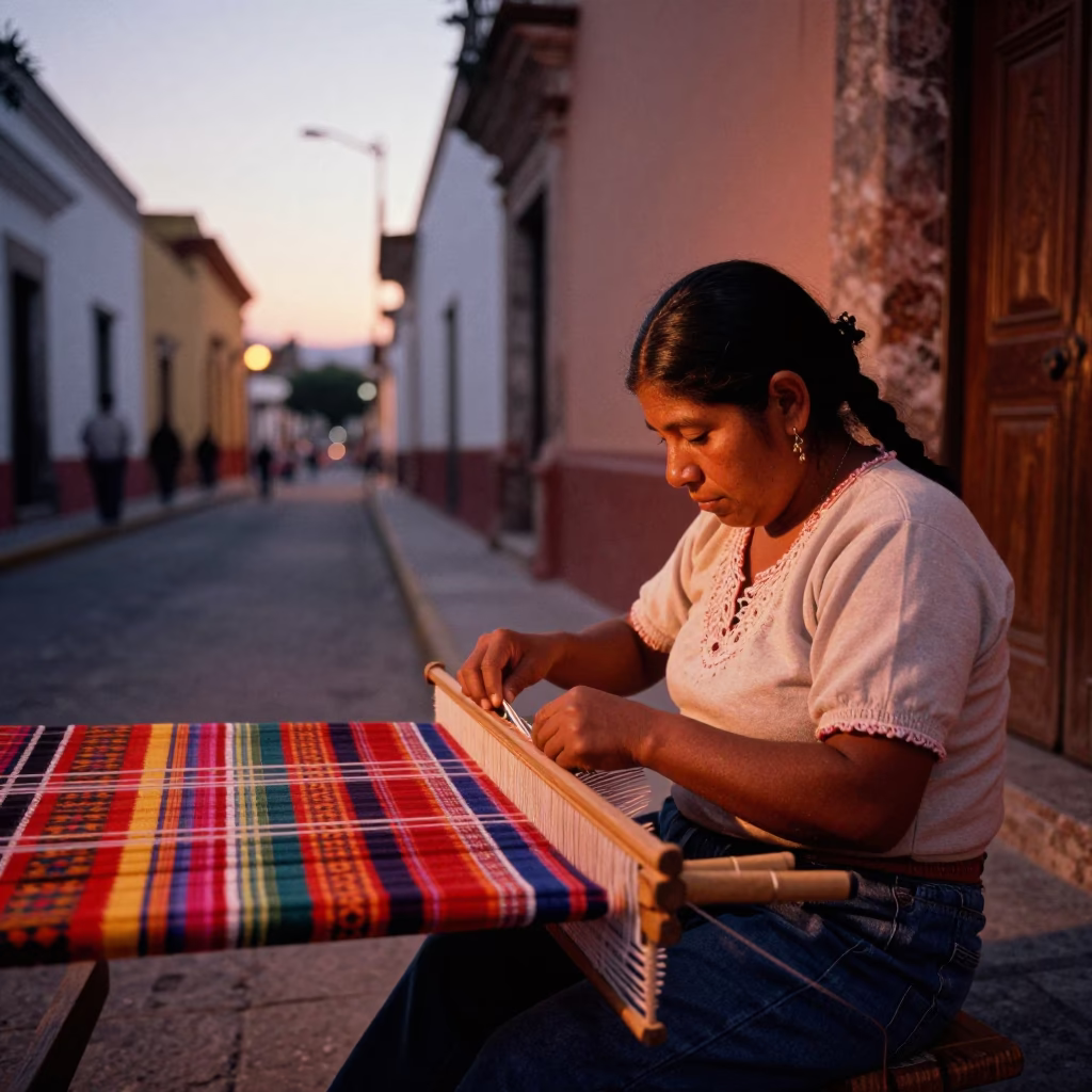Weaver Working in Oaxaca at Copper-toned Light Before Dusk in in Oaxaca, Mexico