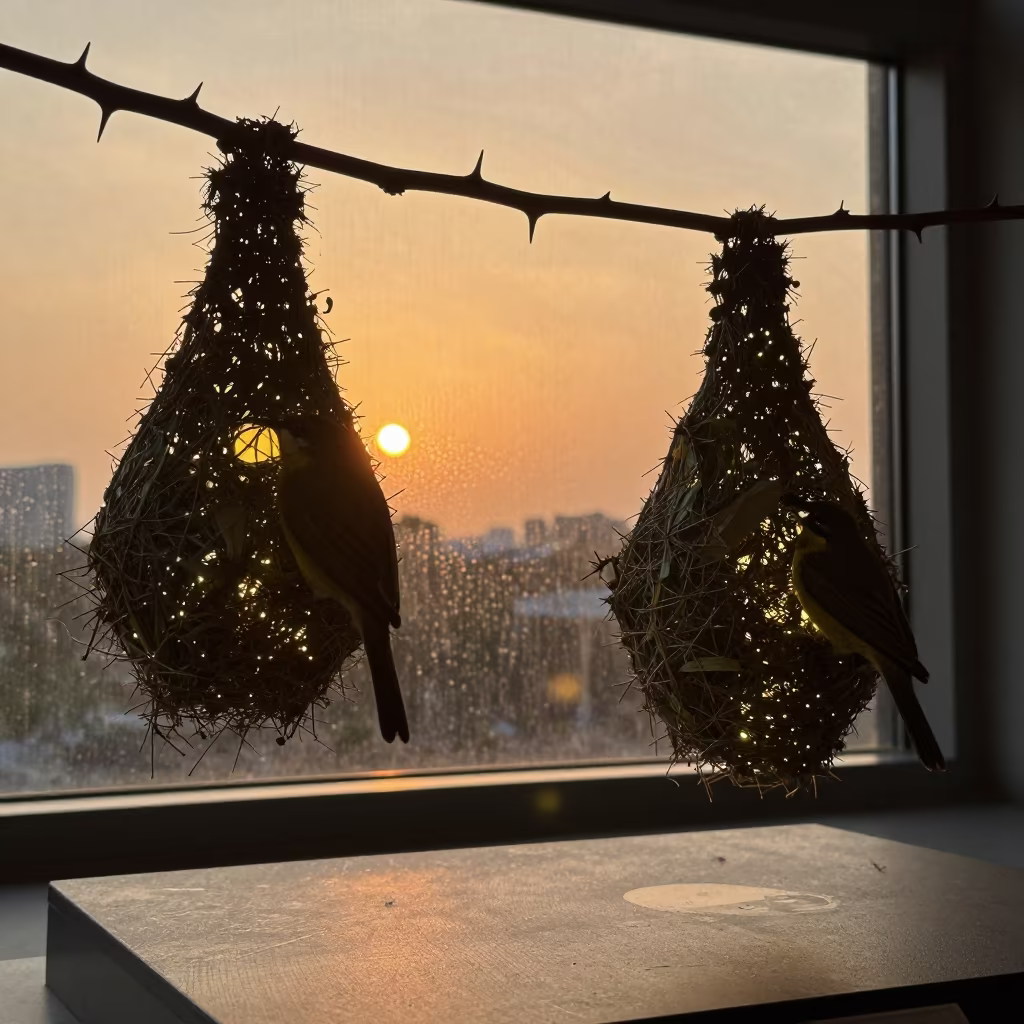 Weaverbird Nests on Museum Plinth at Sunset in on a museum plinth in Pedro Juan Caballero