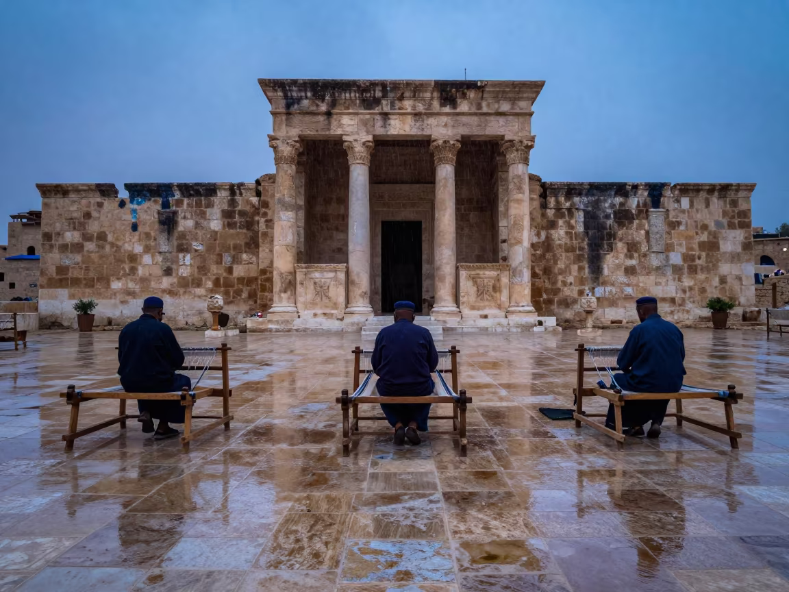 Weavers at Looms in Amman Temple Courtyard in in a temple courtyard in Amman