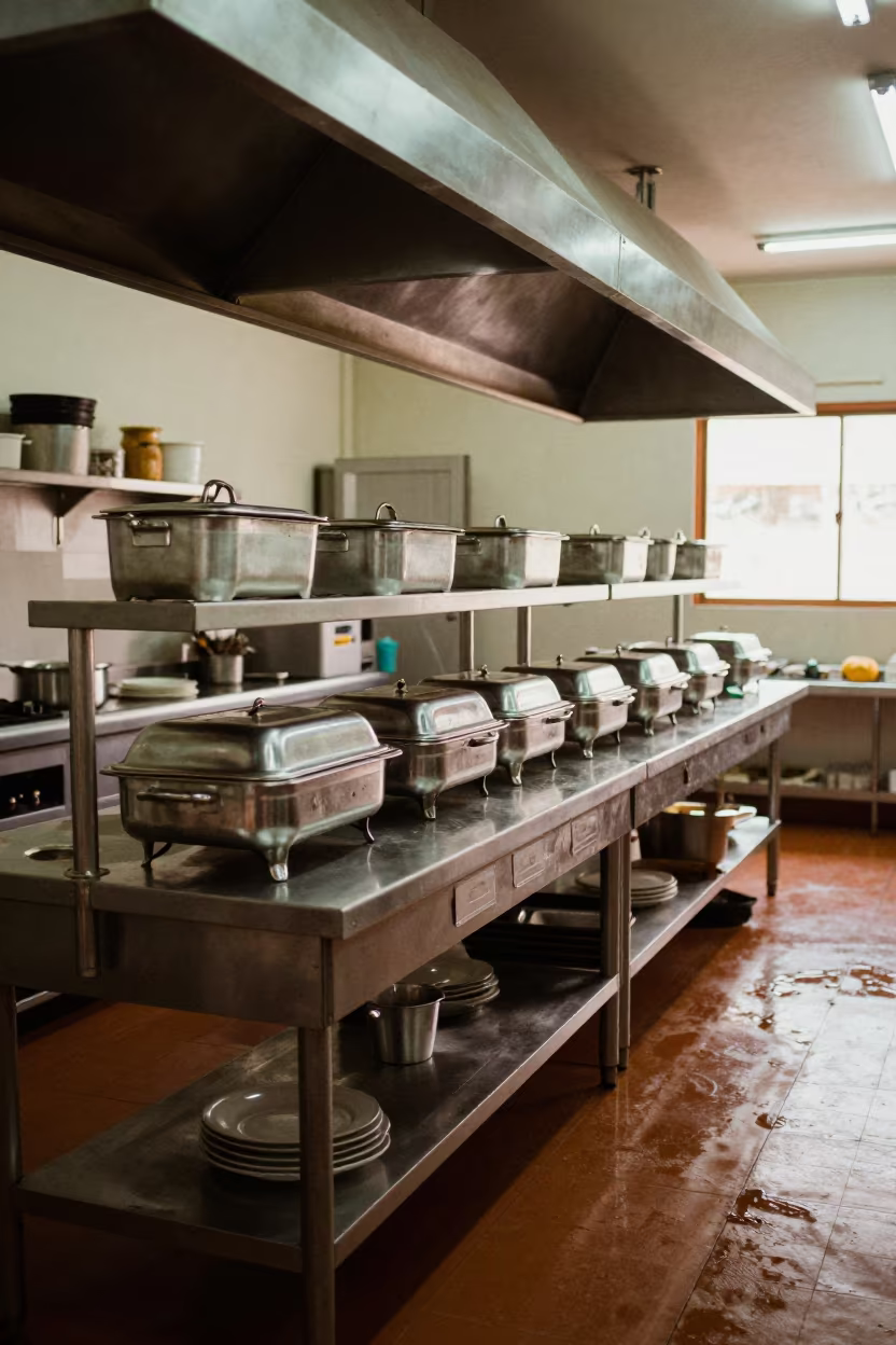 Wedding Banquet Kitchen Pass Stacked Chafers Recife in at a reception desk under warm light in Recife