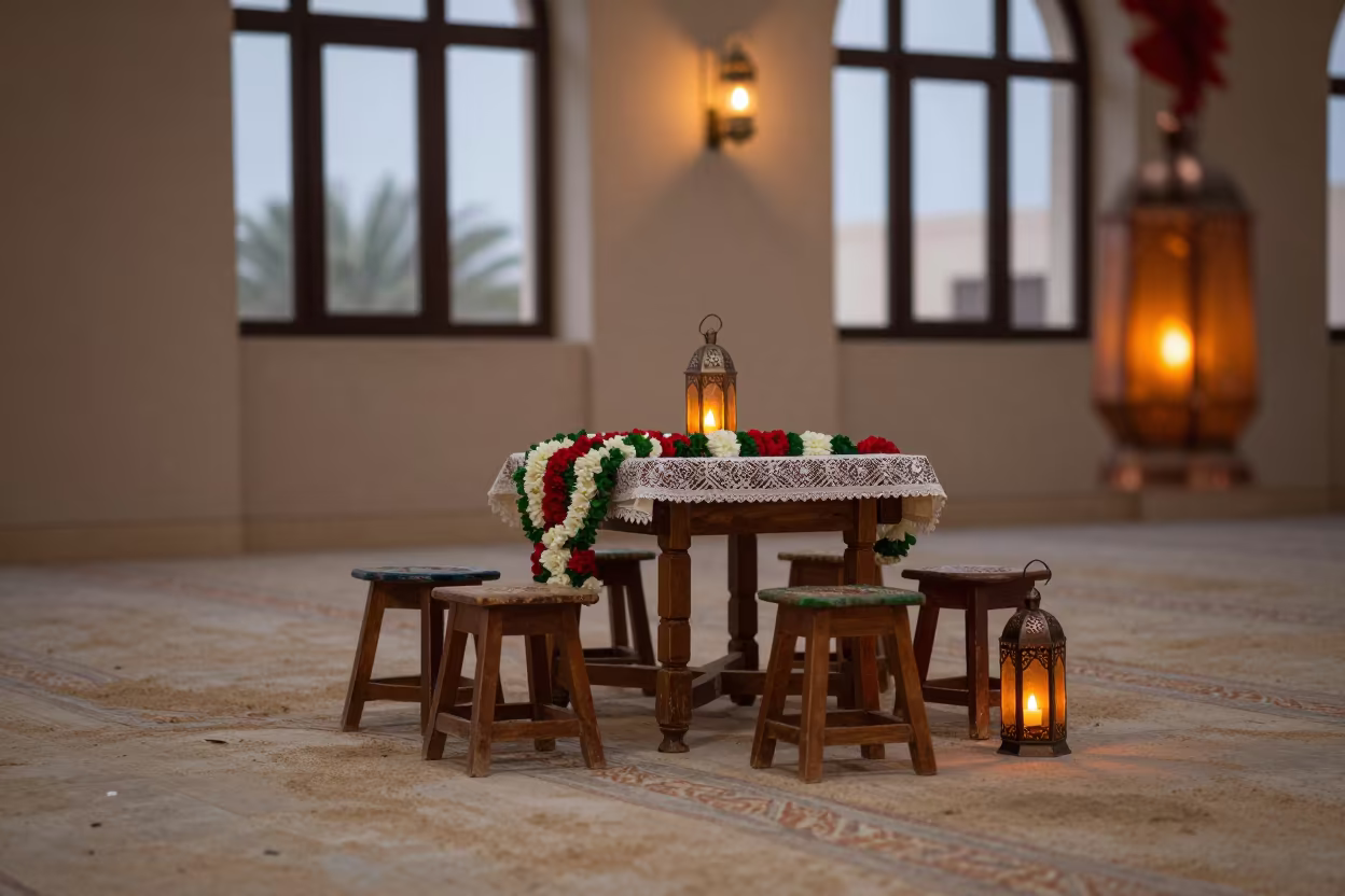 Wedding Garland Table in Al Ain Prayer Hall in in a prayer hall in Al Ain