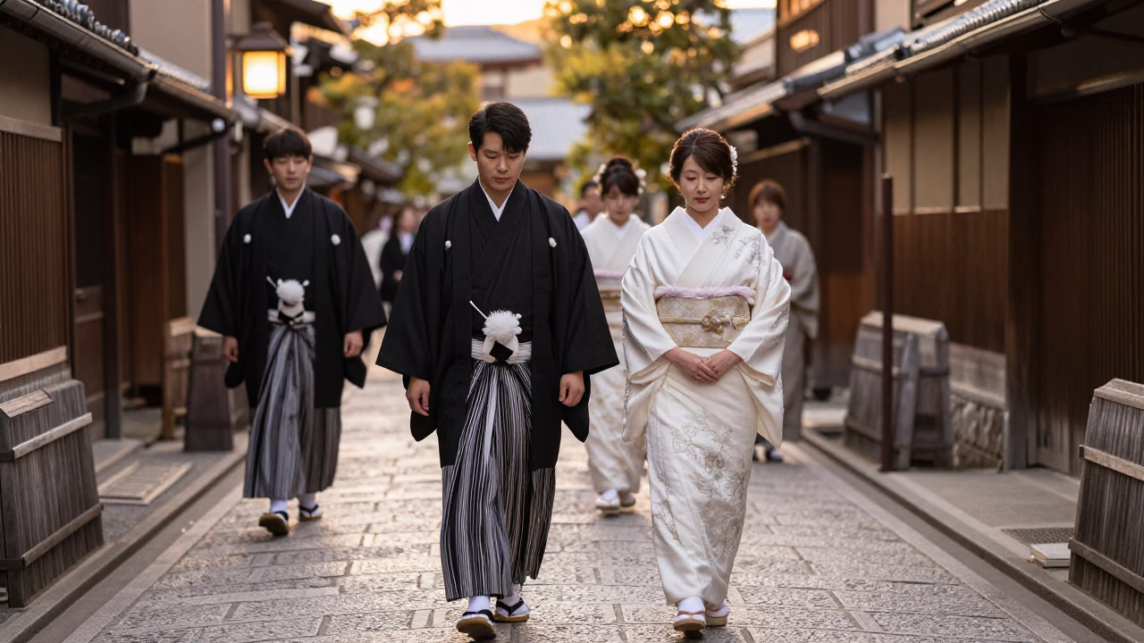 Wedding Procession at Honeyed Evening Light in Kyoto in in Kyoto, Japan