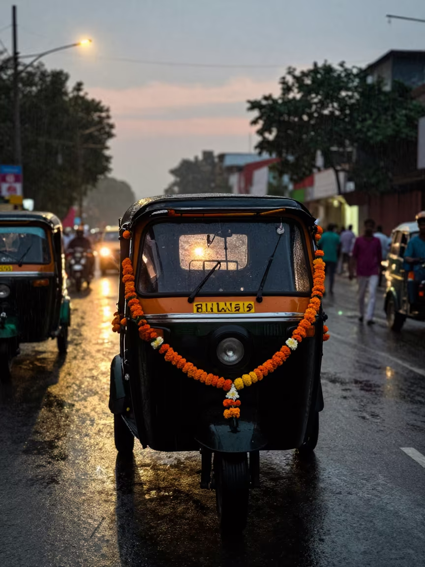 Wedding Rickshaw Silhouette in Indore Twilight Rain in at a festival street procession in Indore