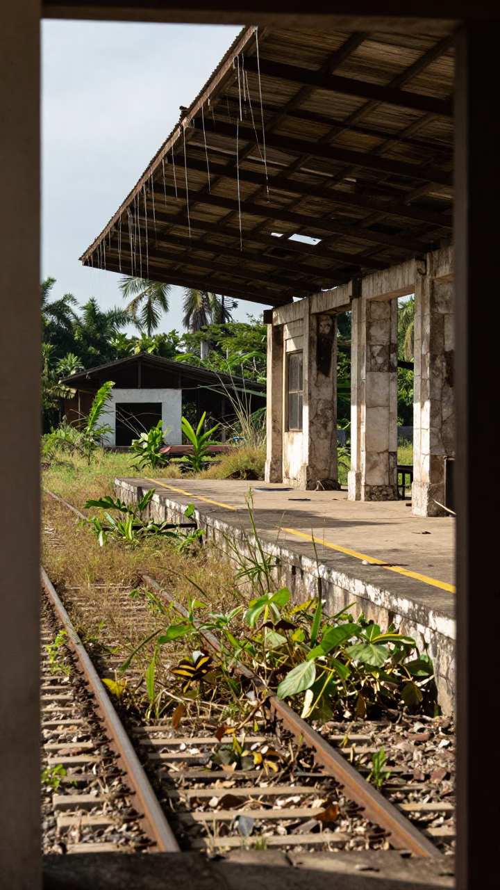 Weed-Rail Station Canopy Ruin Merida Afternoon in among roofless stone chambers near Merida