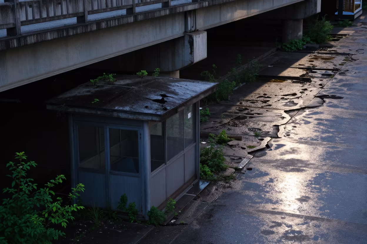 Weeds Crack Concrete Under Overpass in by a rain-darkened kiosk in Khyrdalan