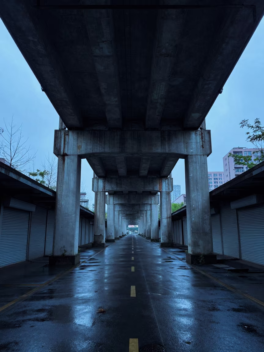 Weeds Cracking Concrete Under Blue Hour Overpass in along a shuttered arcade in Xian