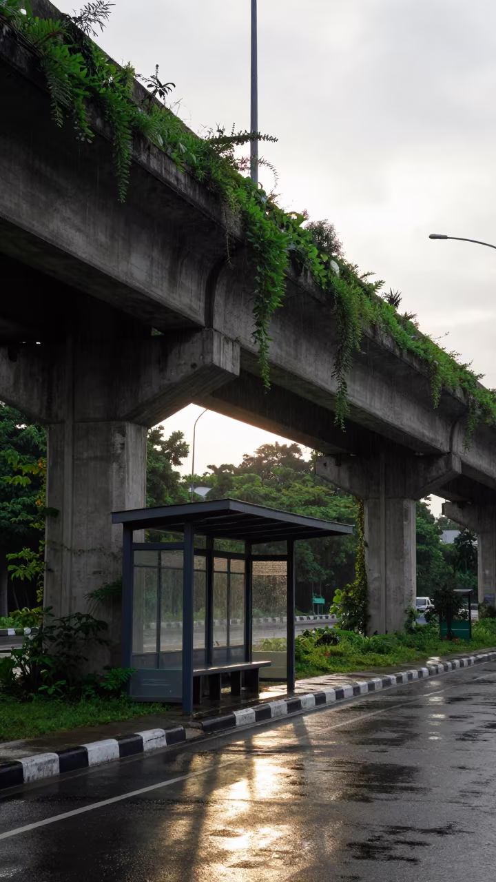 Weedy Overpass Silhouette at Palembang Tram Stop in at a tram stop in Palembang