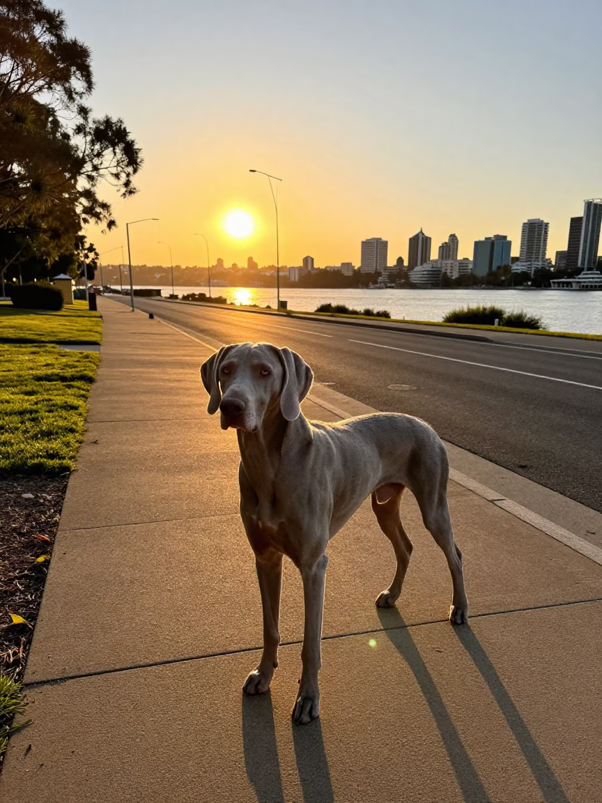 Weimaraner and Sunlight on Perth Street Corner Evening Light Western Australia in in Perth, Western Australia, Australia