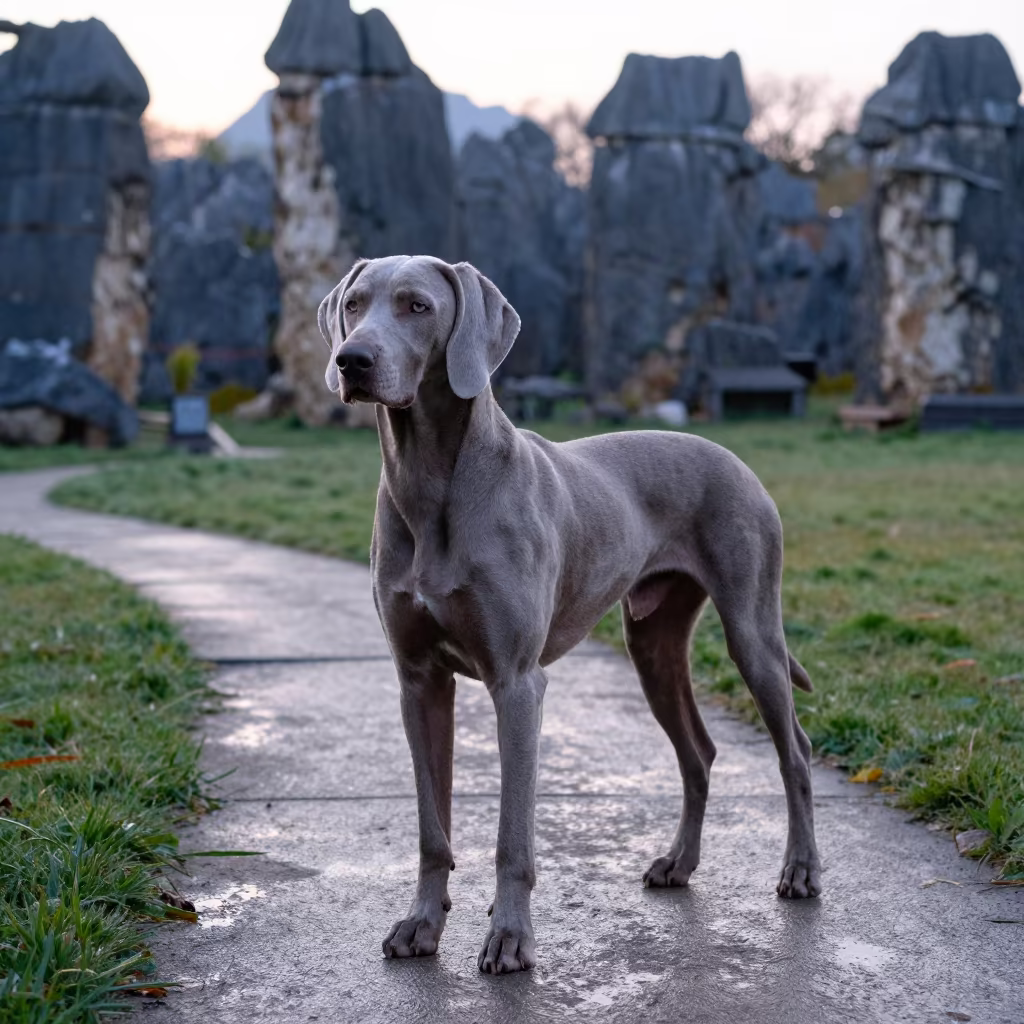 Weimaraner on Hpa-An Path Before Dawn in in a small yard with clipped grass, calm light, and the animal centered in frame in Hpa-An