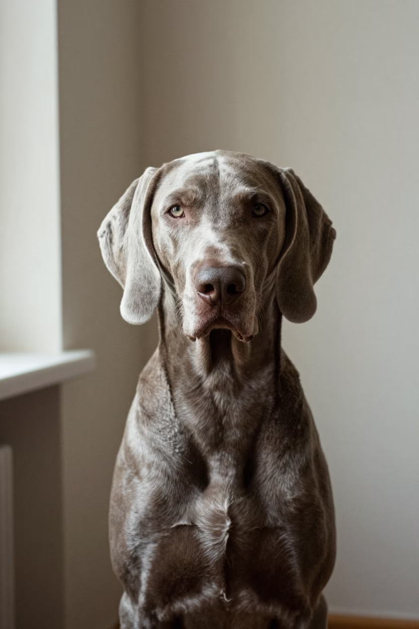 Weimaraner Portrait Beside Plaster Wall in Lyon in beside a plain plaster wall in soft indoor light with the animal centered in frame in Lyon