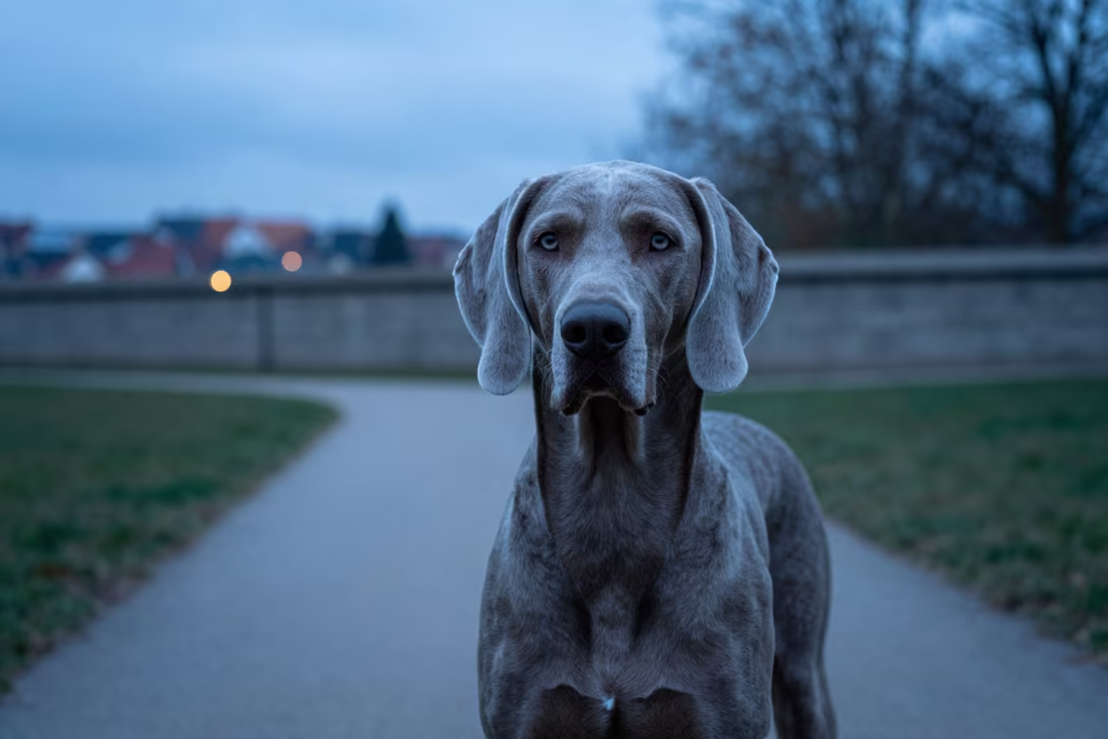 Weimaraner Portrait in Bo Evening Light in beside a plain courtyard wall in clear daylight with the animal at eye level in Bo
