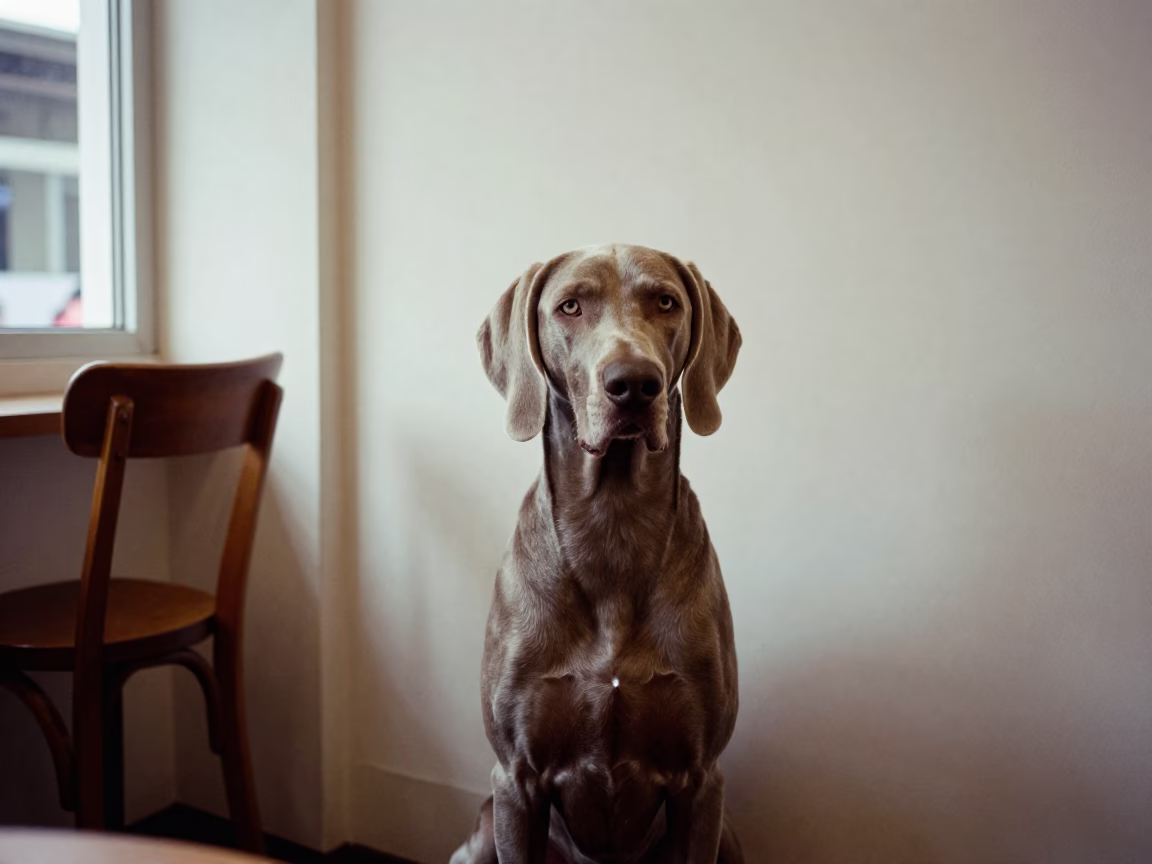 Weimaraner Portrait in Joo Chiat Home in beside a plain plaster wall in soft indoor light with the animal centered in frame in Joo Chiat, Singapore