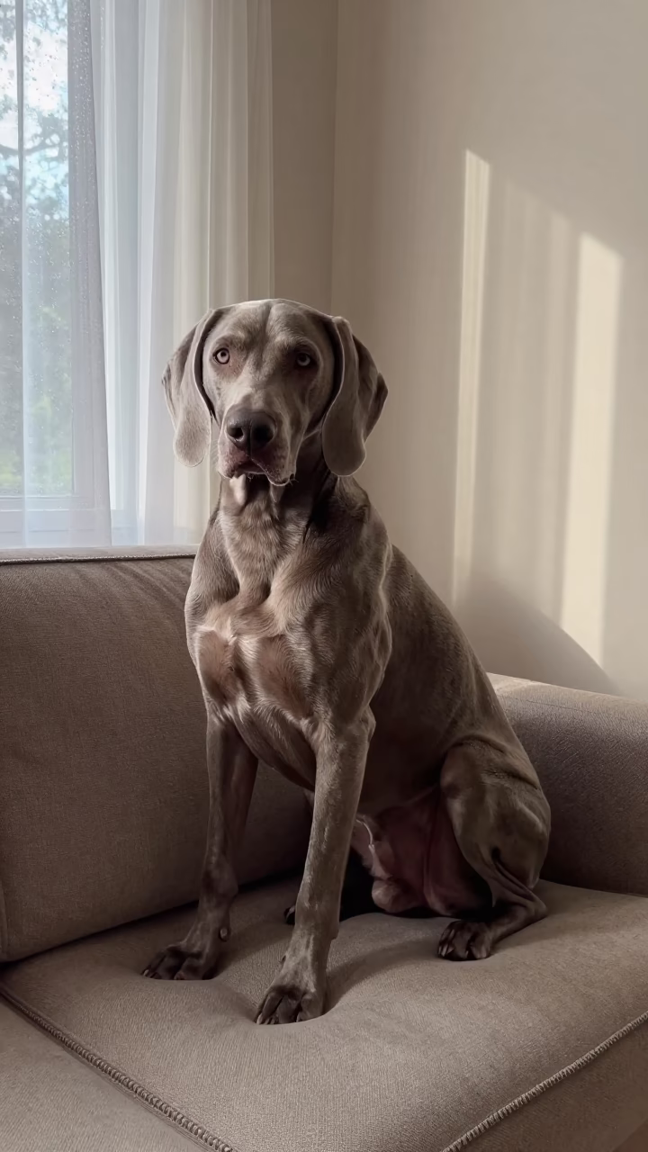 Weimaraner Portrait on Sofa Near Keur Massar Window in on a sofa near a curtained window with calm indoor light near Keur Massar Sud
