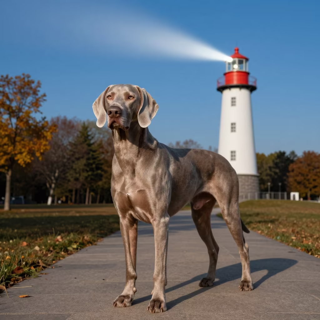 Weimaraner Portrait Under Lighthouse Light in Dadu Park in along a quiet park path with soft open shade and a clean background in Dadu
