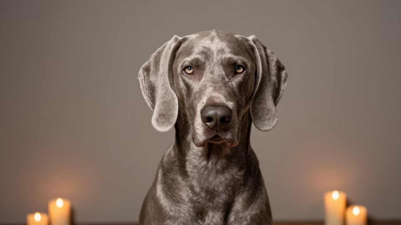 Weimaraner Portrait With Warm Candlelight Shadows in in a quiet portrait studio with a plain backdrop and eye-level framing in Hong Kong