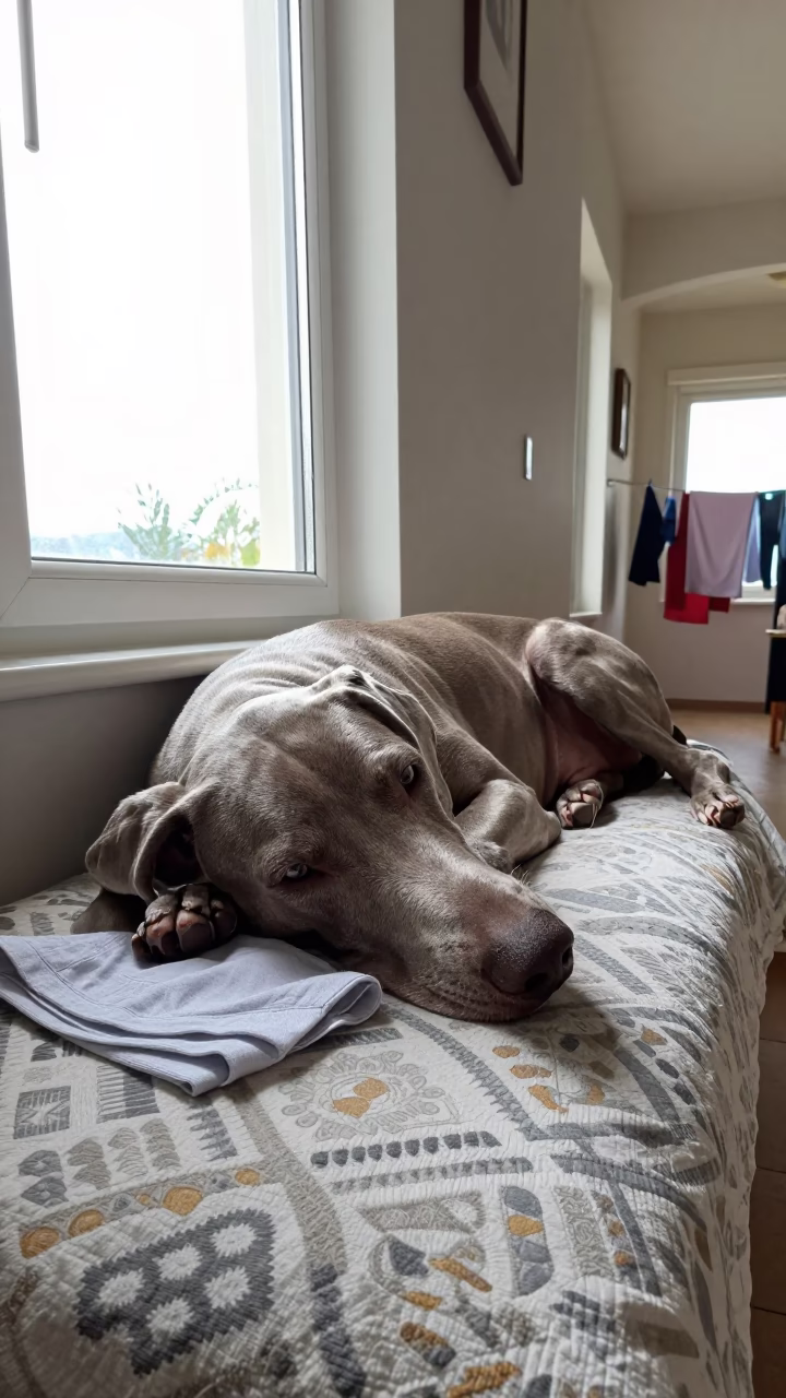 Weimaraner Resting on Jodhpur Bedspread Near Window in on a bedspread near a bright window with calm indoor light near Jodhpur