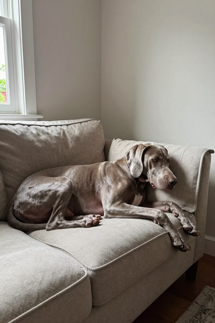 Weimaraner Resting on Linen Sofa in Bamenda Light in on a linen sofa with daylight from a nearby window in Bamenda