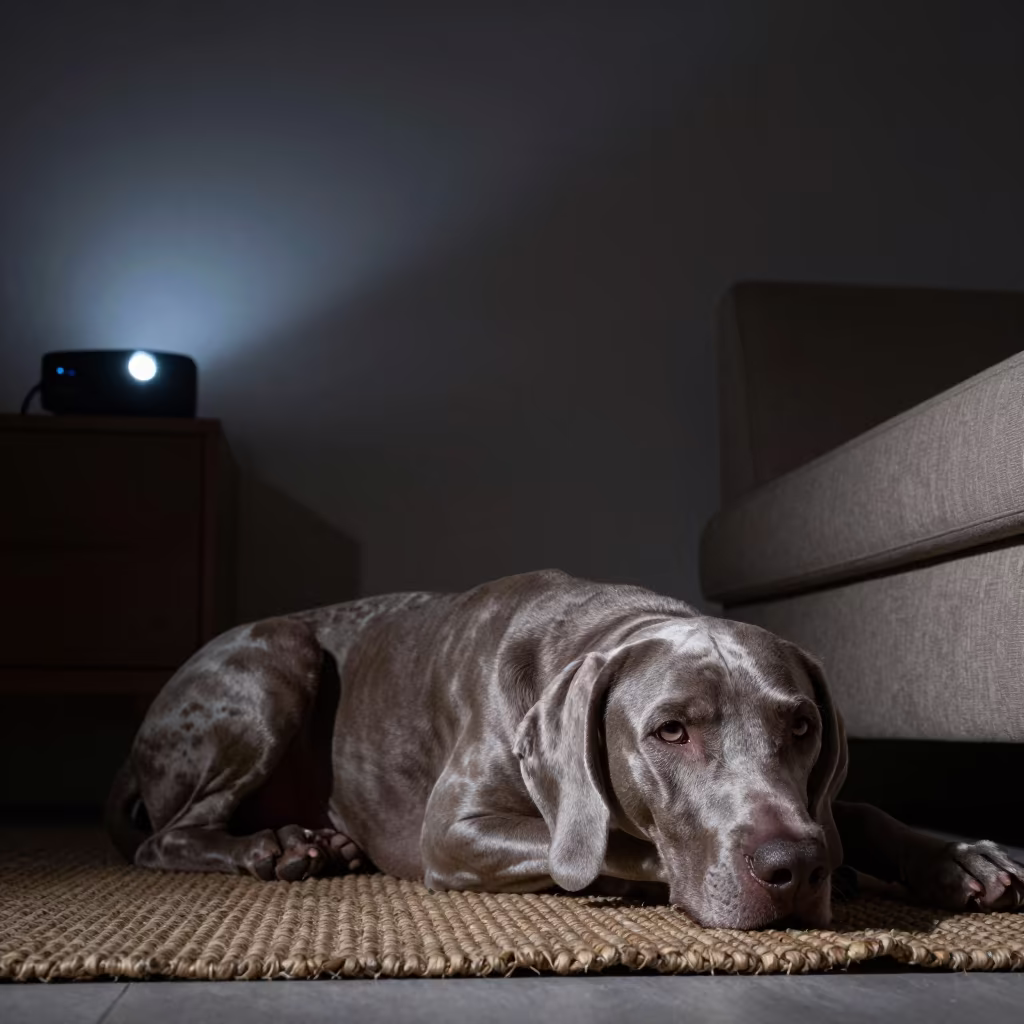 Weimaraner Resting on Rug in Late Night Glow in on a woven rug beside a low couch and an uncluttered wall in Sohar