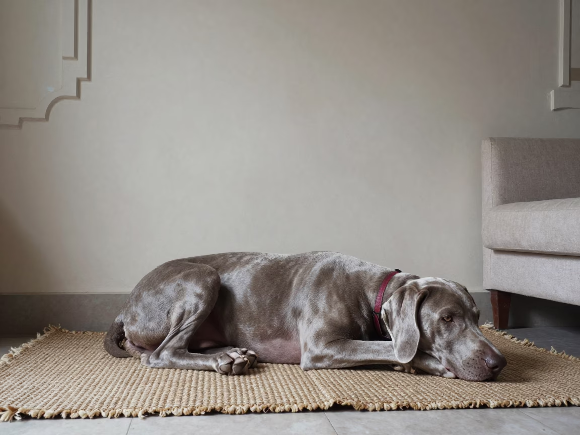 Weimaraner Resting on Woven Rug in Chakwal Home in on a woven rug beside a low couch and an uncluttered wall in Chakwal