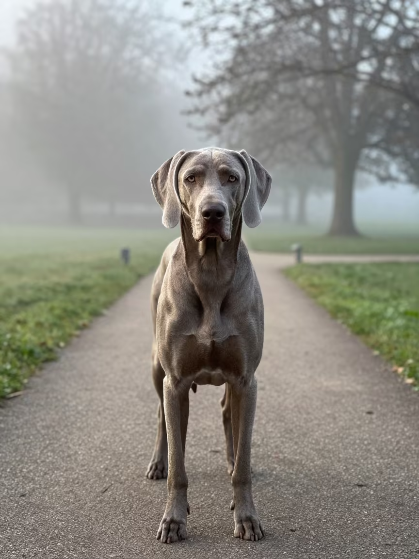 Weimaraner Standing on Misty Park Path Braga in in a small yard with clipped grass, calm light, and the animal centered in frame in Braga