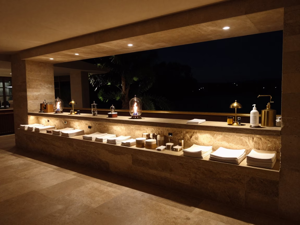 Welcome Amenities on Stone Bench Under Firelight in at a reception desk under warm light in Assela
