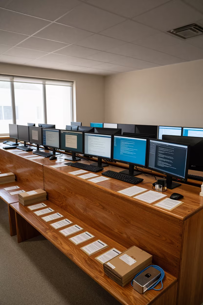 Welcome Mailer Bench in Wolaita Sodo Operations Center in in an operations center under monitor glow in Wolaita Sodo