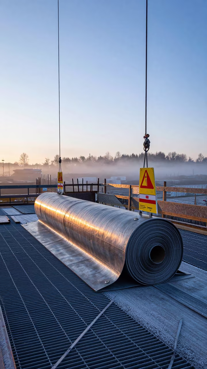 Weld Blanket Roll on Slovak Construction Deck at Dawn in on an active construction deck in Slovakia