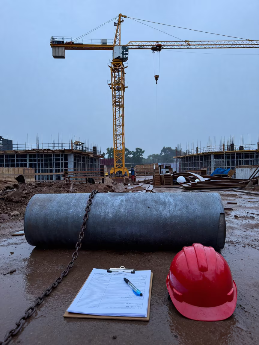 Weld Blanket Roll Under Crane at Dawn in beneath a tower crane on open ground in Ajmer