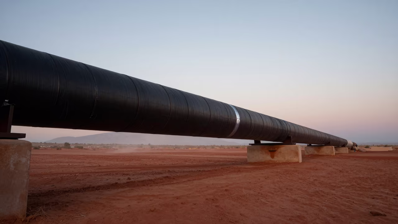 Weld Seam Wrapped in Tar on Desert Overpass at Dawn in across a windy overpass interchange in New Mexico