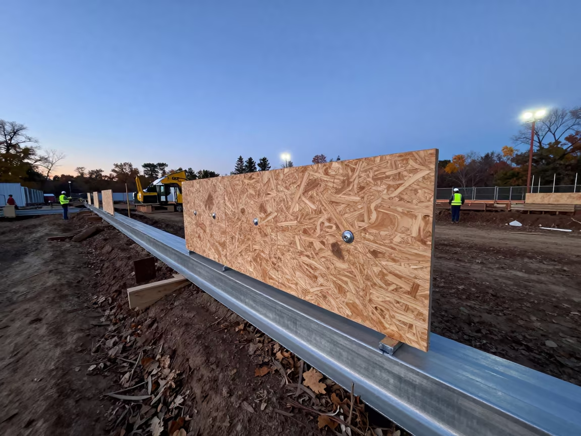 Weld Test Coupon Board in Minnesota Autumn Blue Hour in inside a taped-off excavation edge in Minnesota