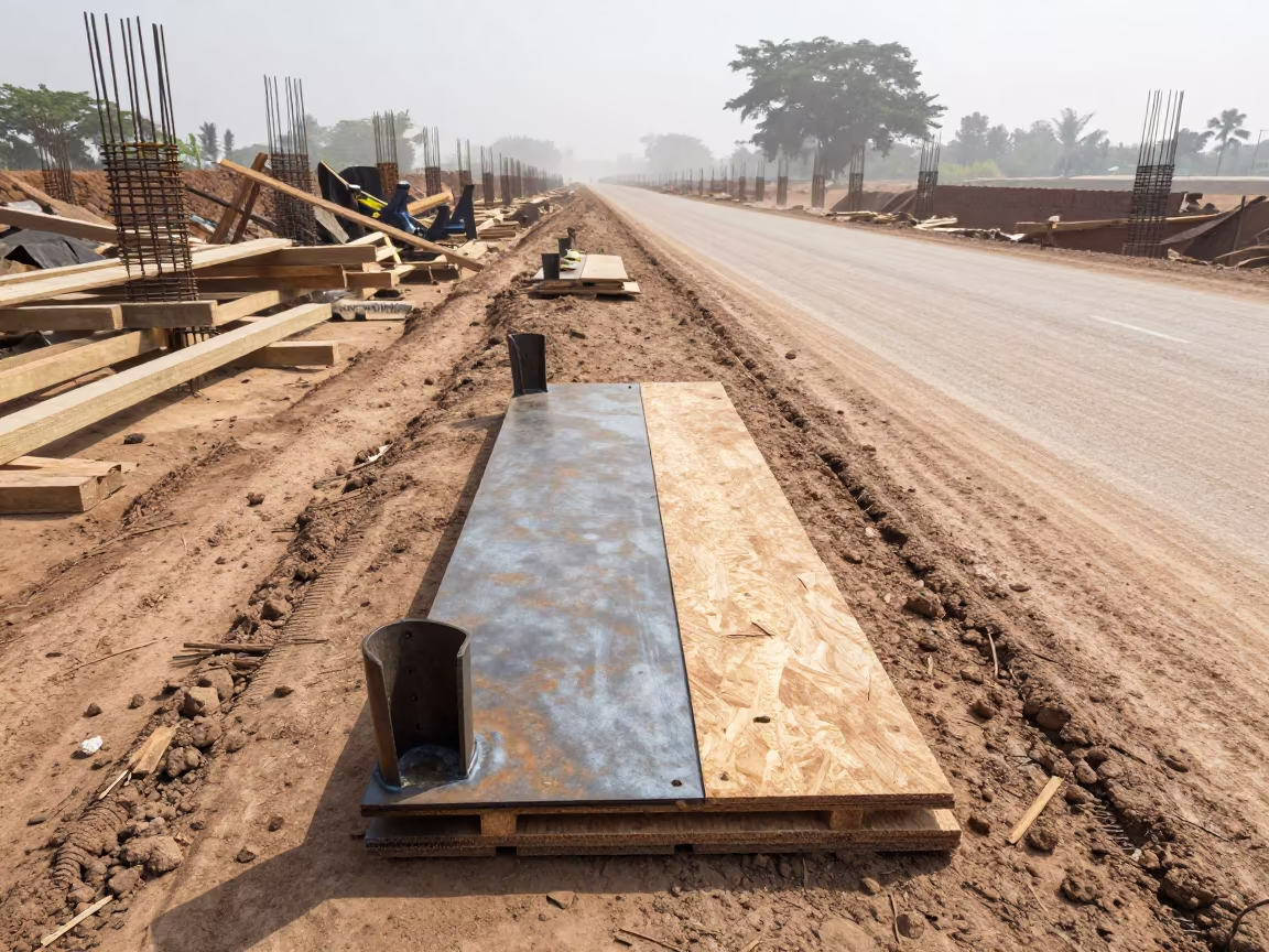 Weld Test Coupon Board on Muddy Kano Road in at a muddy site access road in Kano