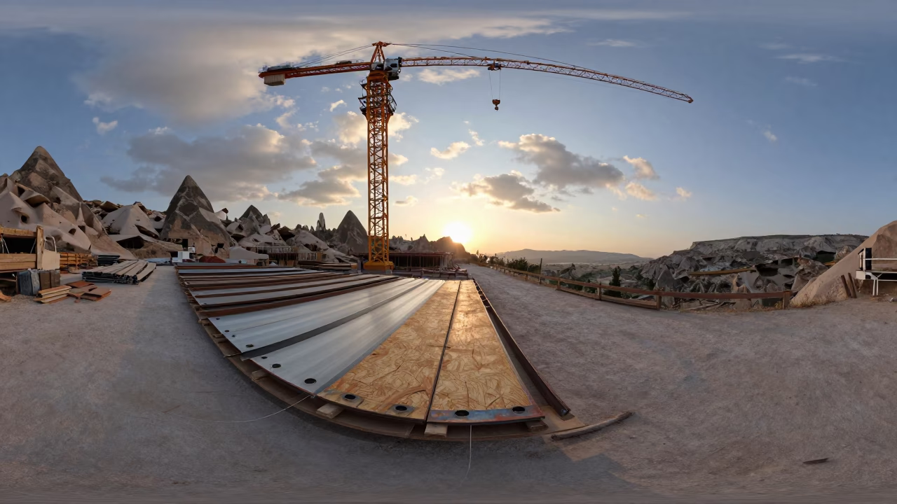 Weld Test Coupon Sleeve Board at Cappadocia Dawn in beneath a tower crane on open ground in Cappadocia