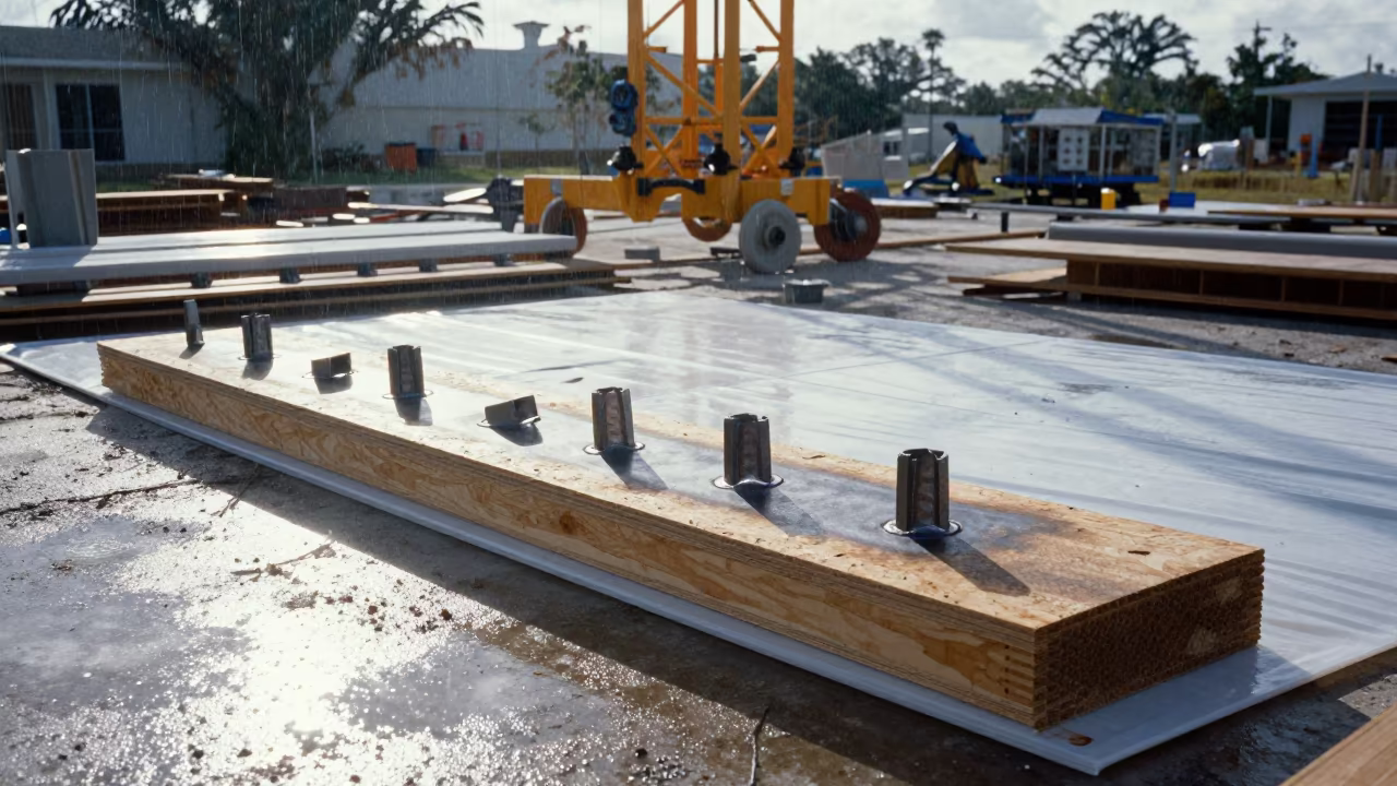 Weld Test Coupon Sleeve Board Under Crane in beneath a tower crane on open ground in Florida