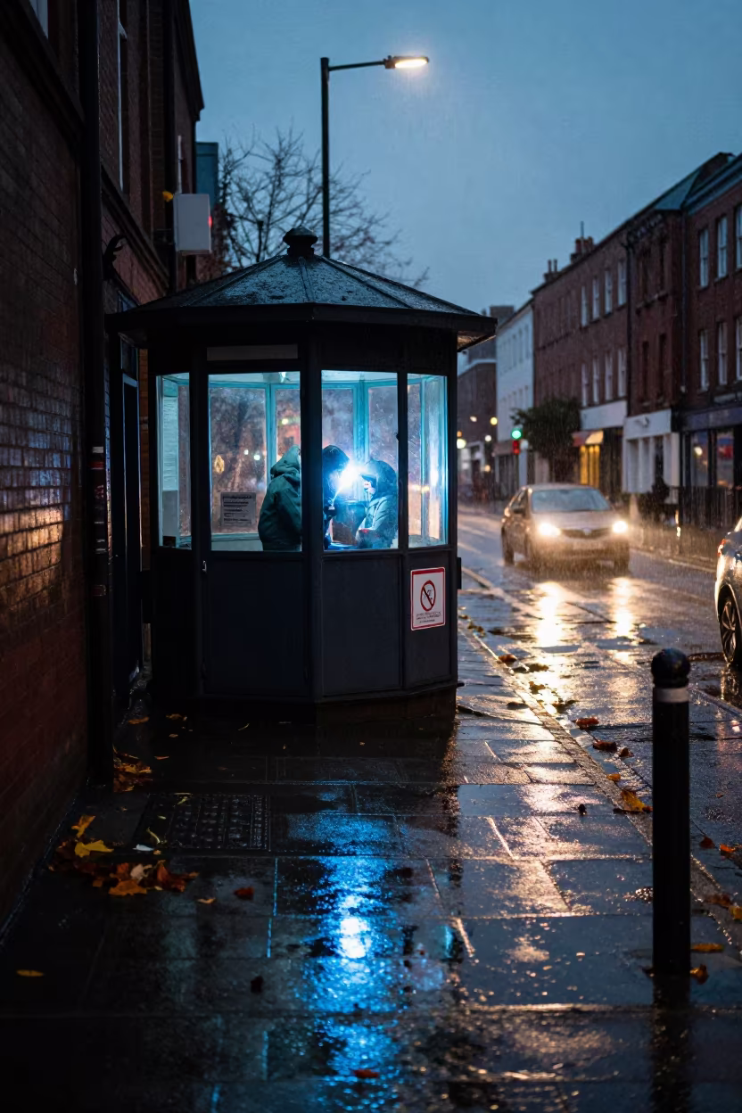 Welder Arc Reflection on Wet Wolverhampton Alley Pavement in by a rain-darkened kiosk in Wolverhampton
