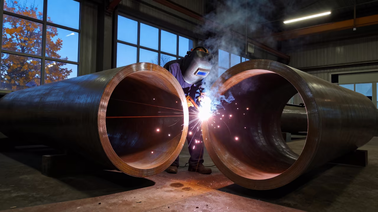 Welder in Calgary Shop Joining Pipe at Twilight in in a machine shop near Calgary