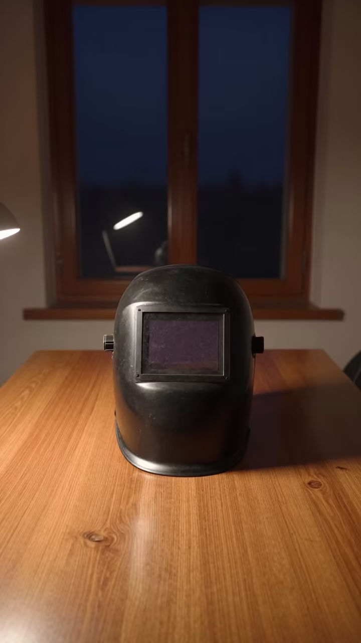 Welder Mask on Desk in Baqubah Night in on a writing desk in Baqubah