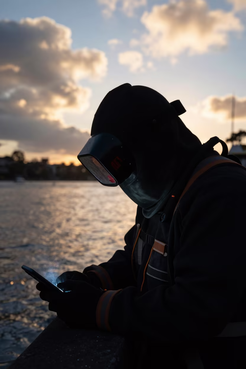 Welder Mask Marks Silhouette Sydney Canal in beside a canal in Sydney