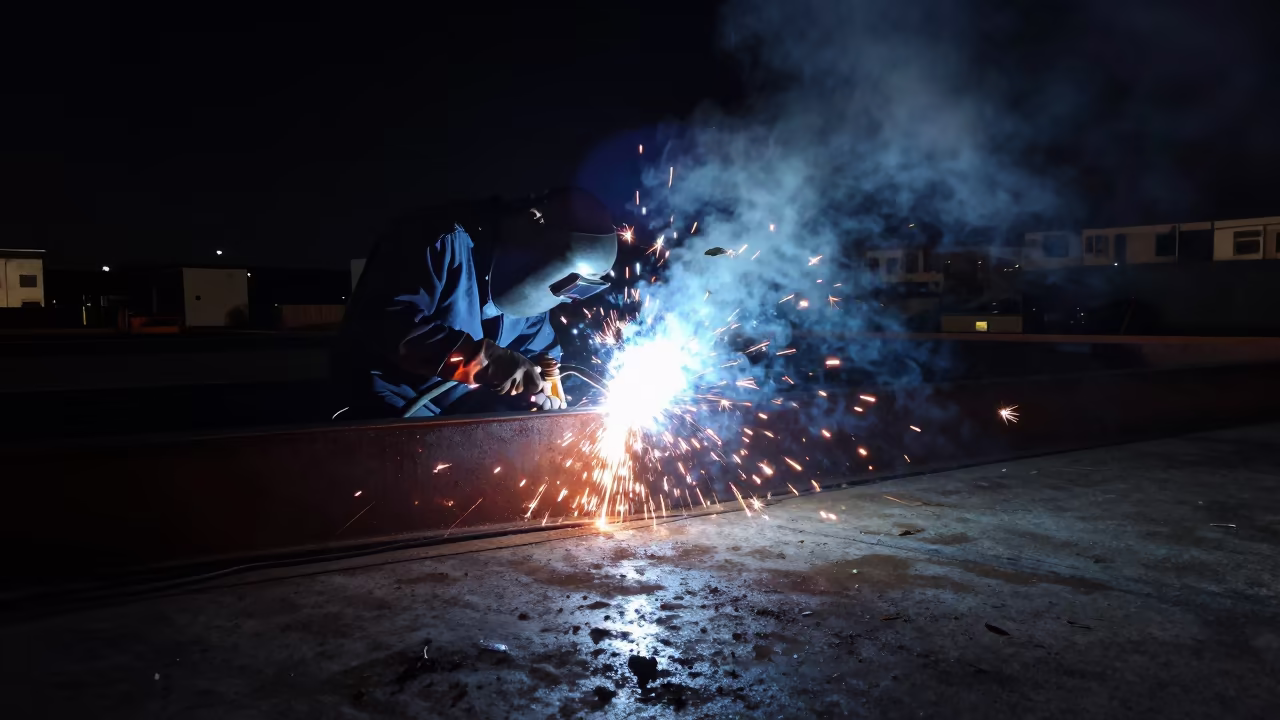 Welder Sparks on Ship Hull Plate Night Tehran in beside exposed structural steel near Tehran