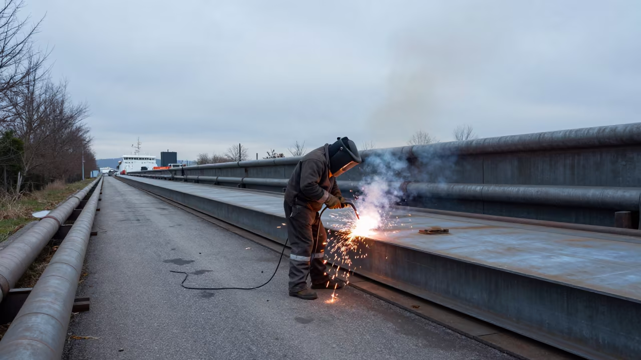 Welder Sparks on Shipyard Hull in French Riviera in along a service road lined with pipes in the French Riviera
